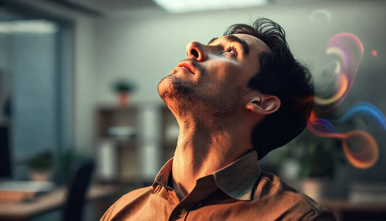 man looking up to take a deep breath