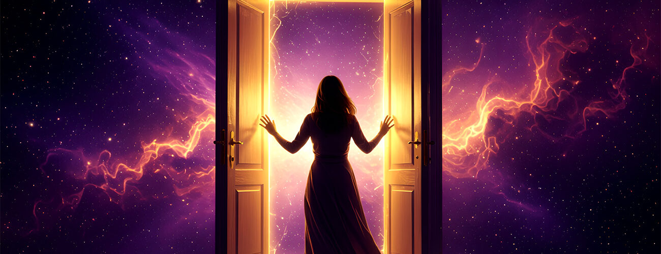 woman opening door universe