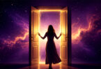 woman opening door universe