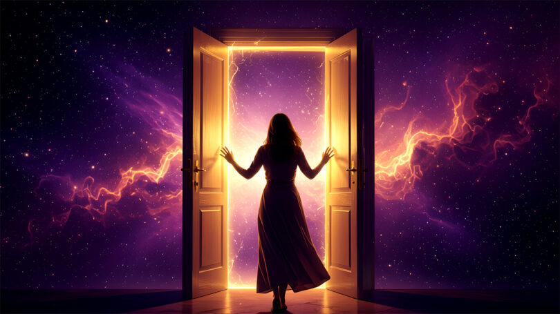 woman opening door universe