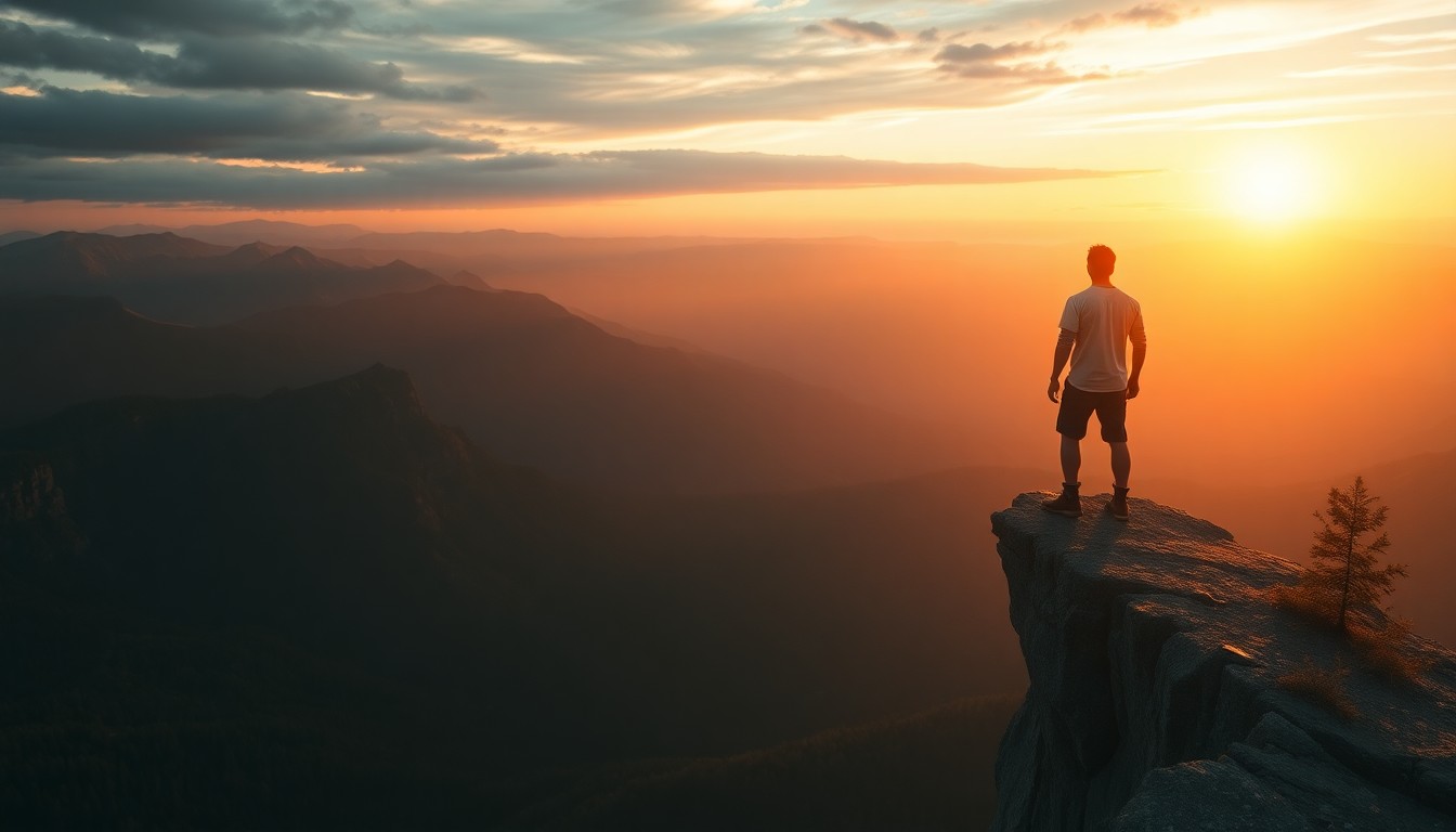 man overlooking a sunset